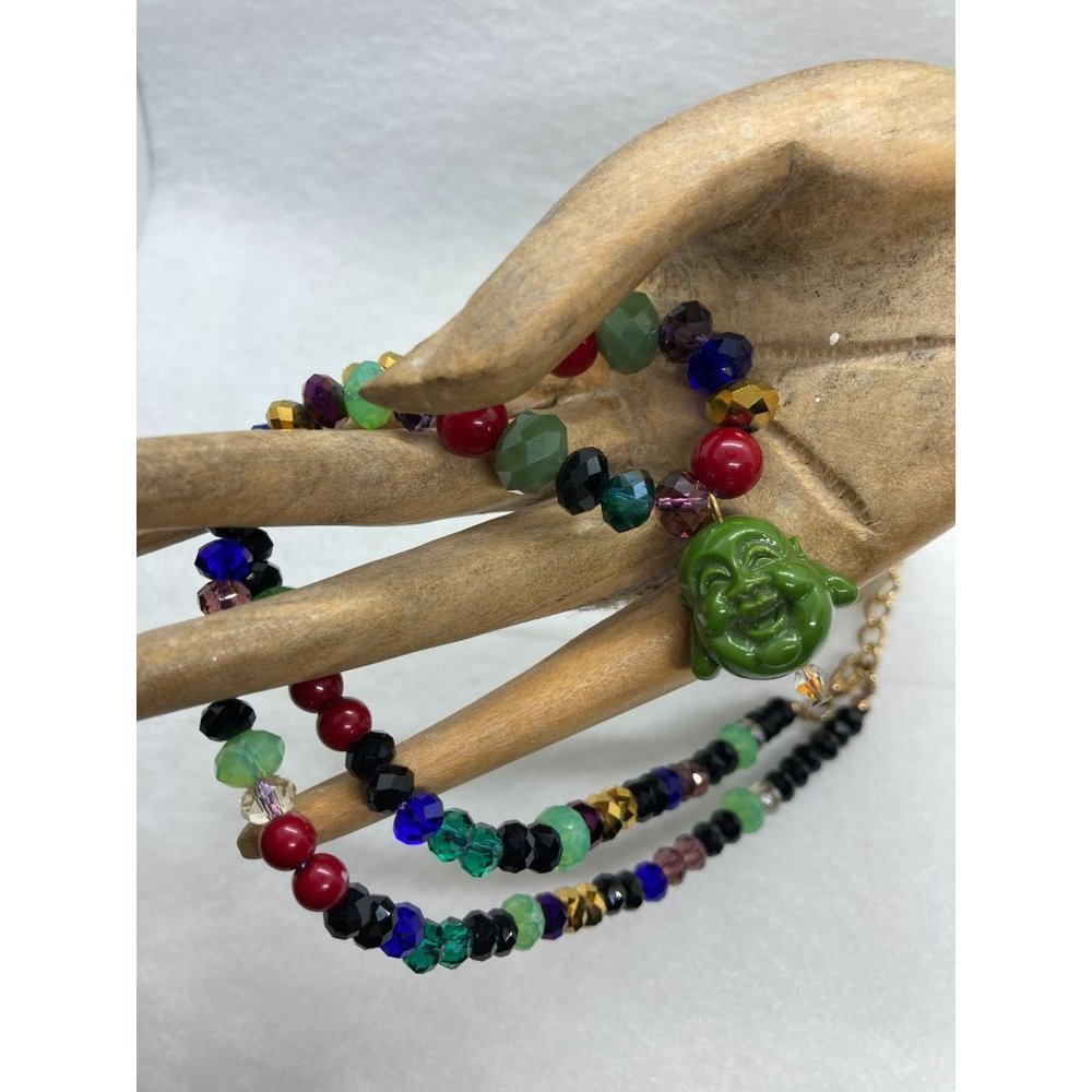 Multi Faceted, Multi Color Crystal Buddha  Necklace 10" drop + 2" Extender